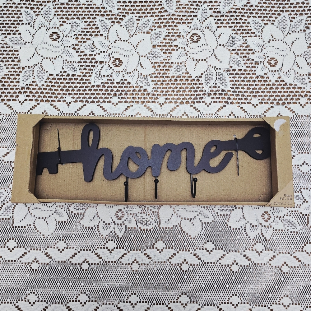 New Black Home Plaque Wall Hook 18.75" Across Word Shaped Like Key with 3 Hooks - Picture 1 of 5